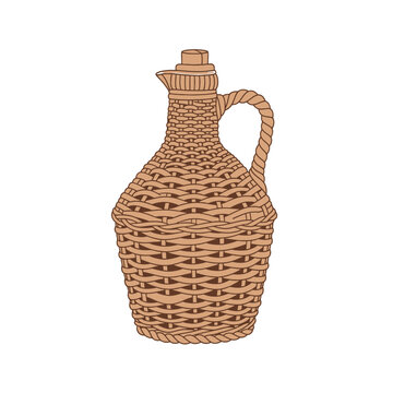 Traditional wicker covered wine demijohn with handle and stopper