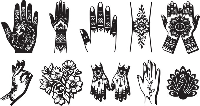 Henna mehndi vector set &ndash; traditional South Asian hand henna pattern and floral mehndi design collection, black and white bridal illustration for Pakistani and Indian wedding