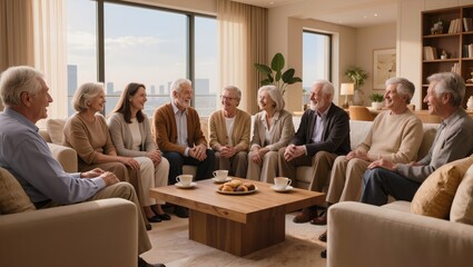 Fototapeta premium Diverse senior friends enjoying coffee together at home
