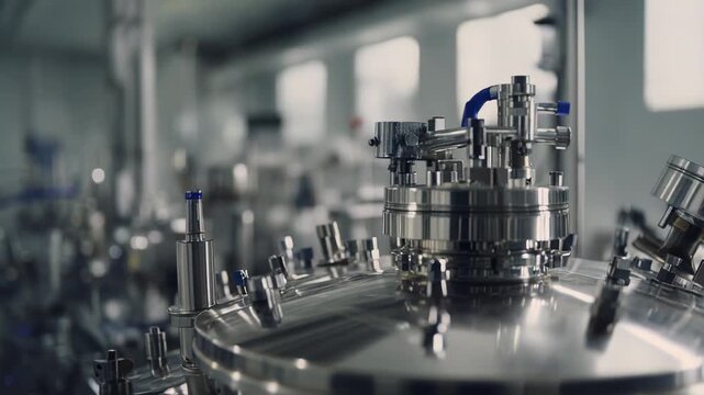 Stainless steel bioreactor vessels and complex piping systems operating within a sterile laboratory, supporting biotechnology processes and medical research development