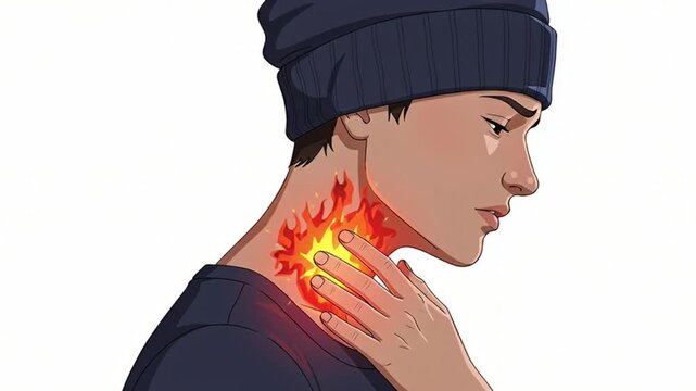 Person with severe sore throat and burning pain sensation animation