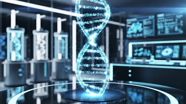 glowing blue dna helix model spinning in a futuristic laboratory with scientific monitors and cylindrical tanks, genetic research concept, biotech analysis, medical science