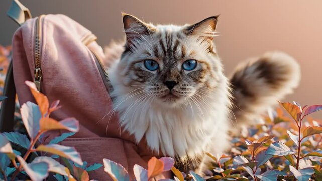 Fluffy white and brown cat with blue eyes peeking out of a pink canvas backpack in an outdoor setting surrounded by vibrant autumn leaves and colorful foliage in golden sunlight.