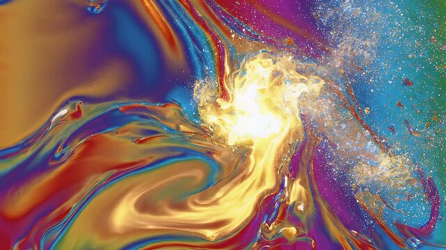 Colorful abstract Liquid Animation with Rainbow Fluid swirls, glossy paint texture, sparkling particles,  thermal gradient, psychedelic motion. Perfect loop. for backgrounds, music visuals 