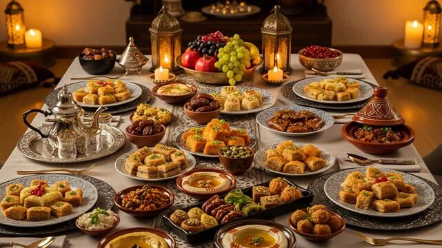 Large spread of traditional Indian food and sweets served on a festive table