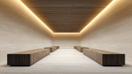 Modern minimalist interior design showcasing wooden benches and soft lighting in a spacious, serene environment