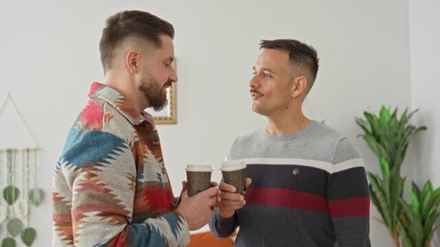 Two men holding coffee cups and smiling while toasting in a building living room; affection casual morning.