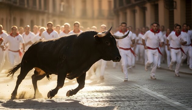 A powerful bull animal running in crowd during the San Ferm&iacute;n festival in Pamplona Spain for a cultural tradition and adrenaline sport concept with cinematic golden lighting