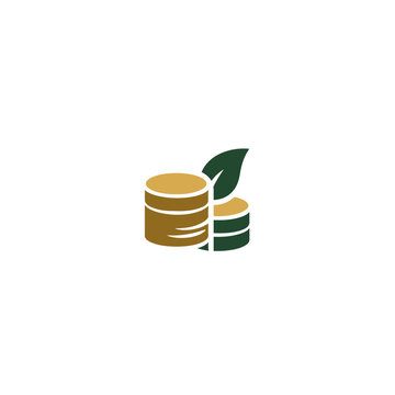Graphic illustration features stacks of coins and a green leaf, signifying finance and nature
