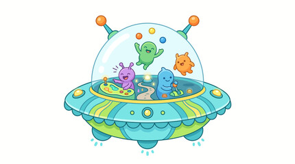 Naklejka premium Alien creatures play inside a colorful flying saucer in space with fun elements