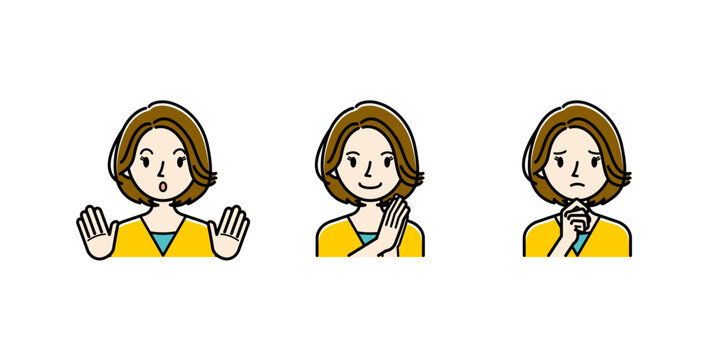 ベクターイラスト素材：笑顔・驚き・困り顔の若い女性リアクションイラスト