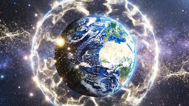 Rotating planet Earth encased in a glowing energy shield against a backdrop of stars and nebulae, representing global protection and cosmic power