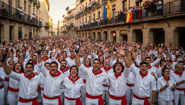 Crowd of people celebrating the San Ferm&iacute;n tradition in the streets of Pamplona, Spain, wearing red scarves and sashes for a festive cultural heritage concept