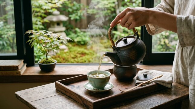 Woman Pouring Tea from Cast Iron Teapot, Close-Up