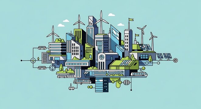 Sustainable cityscape with green technology and renewable energy solutions integrated into urban architecture design