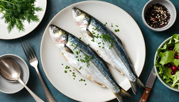 Two whole uncooked herring fish prepared with fresh dill and chives on a plate