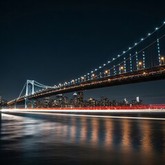 Obraz premium Illuminated suspension bridge spans water, city skyline at night with car light streaks