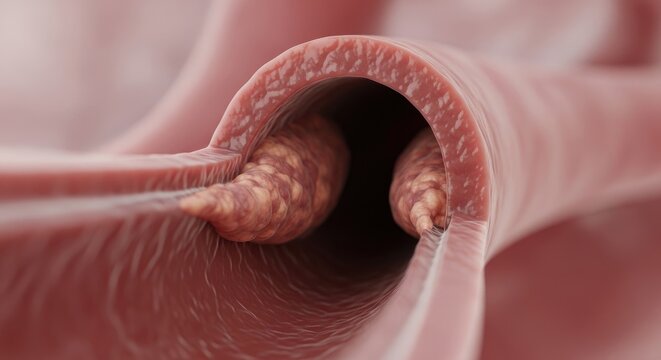Close-up 3D illustration of a colon polyp within the intestinal tract.