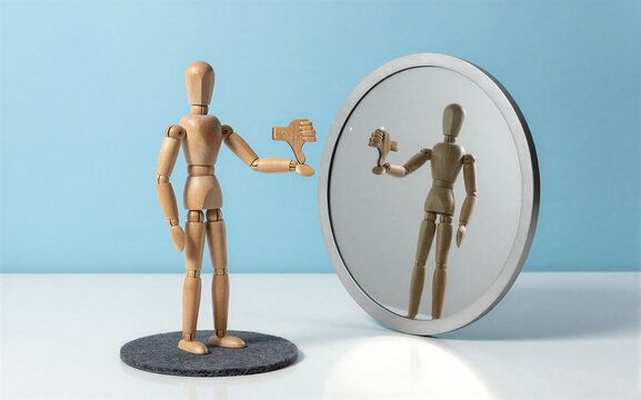 Wooden figure gives thumbs down to its mirrored reflection