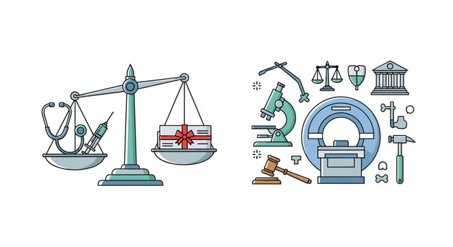 A split composition displays a medical balance scale holding health tools against a gift box on the left, with various diagnostic and legal instruments arranged on the right.