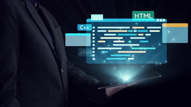 A business professional demonstrates various programming languages through holographic displays, creating an engaging tech atmosphere ideal for innovation and education. Qubit