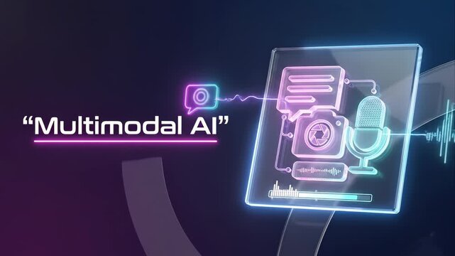 Futuristic animation illustrating the concept of multimodal ai, which processes and integrates information from multiple sources like text, images, and audio for advanced understanding