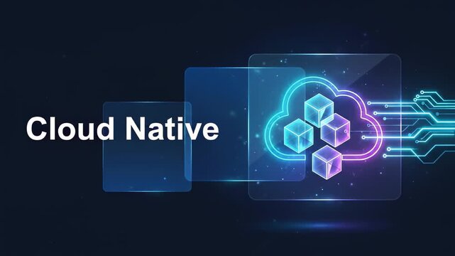 Futuristic cloud native technology concept animating with glowing neon cloud icon and data cubes, representing server infrastructure, application development, and decentralized data storage