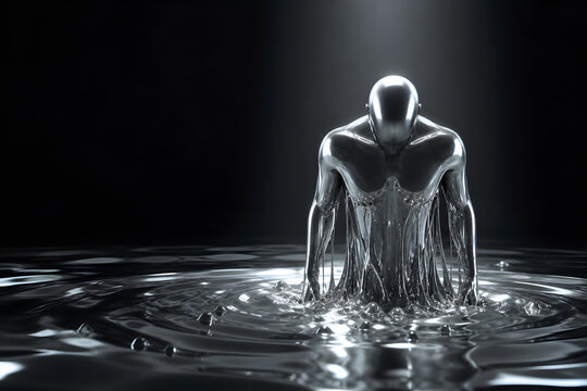 A humanoid silhouette emerging from a pool of liquid silver chrome