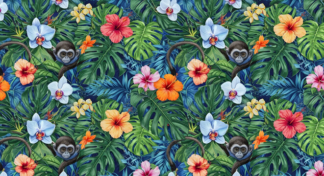 Tropical jungle monkey with hibiscus and orchid flowers seamless pattern