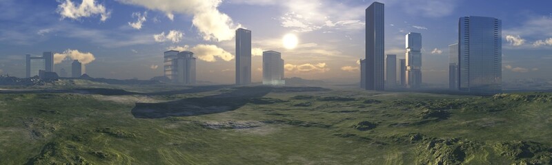 City among hills, skyscrapers on green hills, high-rise buildings on the horizon, panorama of skyscrapers, 3D rendering © ustas