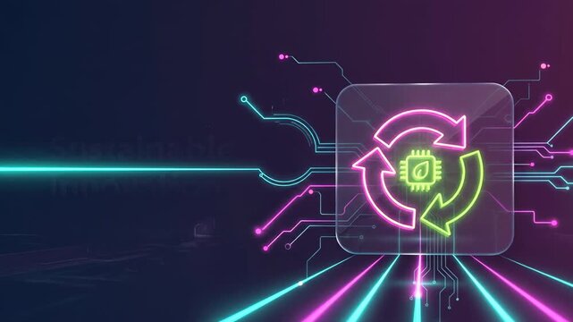 Futuristic animation showing a glowing green technology icon, symbolizing sustainable innovation, eco friendly electronics, and the circular economy with a recycle symbol and a leaf chip