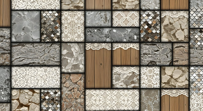 Abstract geometric collage with wood, lace, stone, and fish scale textures