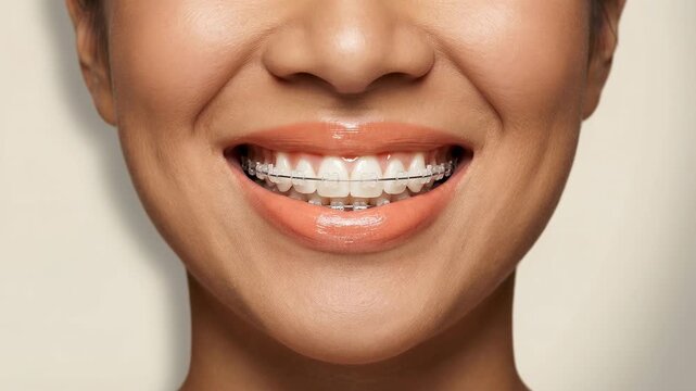 Macro detail of a young woman's mouth smiling, showing perfect white teeth with clear ceramic braces. Dental health and orthodontic treatment concept for teeth alignment and correction