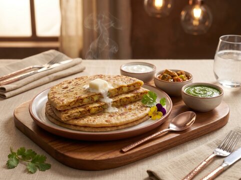 Restaurant Style Aloo Paratha Served with Butter, Curd and Pickle