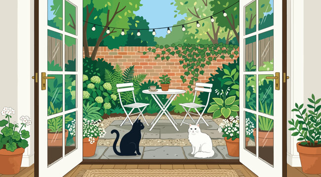 Cozy garden patio with two cats sitting on stone tiles, open french doors looking out to a lush backyard with brick wall, string lights, and potted plants