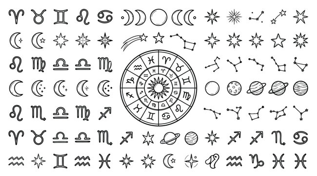 Astrology and zodiac symbols set with constellations, moon phases, planets, and sun signs in a handdrawn doodle style