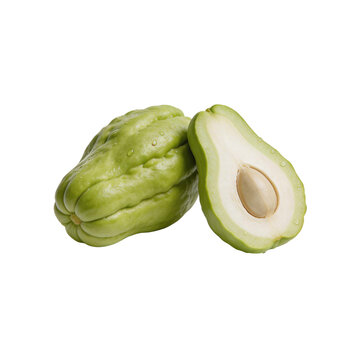 Fresh Green Chayote Squash Whole and Halved Isolated on White Background