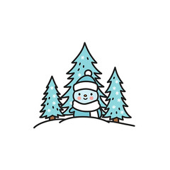 Fototapeta premium Cute Snowman with Winter Scarf and Hat Standing in Pine Forest