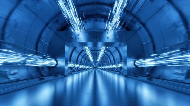 A futuristic blue-lit tunnel with multiple archways and streaks of light