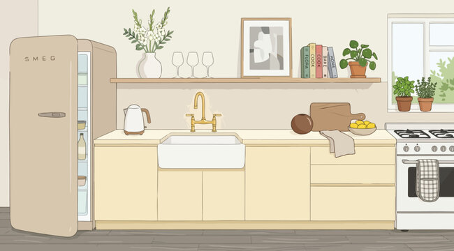 Modern kitchen interior with retro refrigerator, farmhouse sink, and wooden shelving