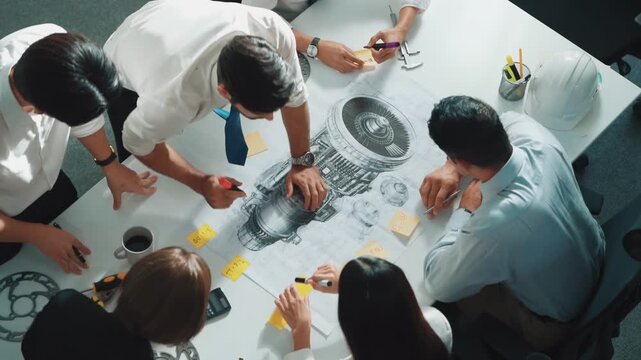 Top view of professional engineer showing and talking about turbine engine design. Aerial view of skilled designer or technician group explain about electronic generator construction. Alimentation.