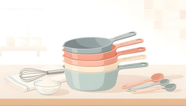 Collection of cookware and baking supplies including whisks, measuring spoons, and bowls for culinary creations