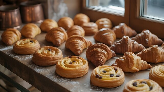 Variedad de croissants y caracolas de pasas reci&eacute;n horneados en un mostrador de panader&iacute;a artesanal