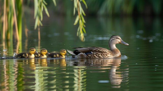 Mam&aacute; pato nadando en un estanque con sus peque&ntilde;os patitos en fila bajo luz natural