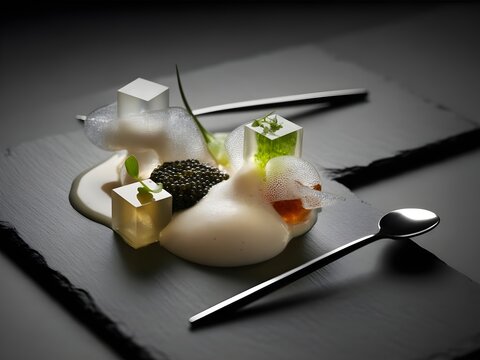 Plato de alta cocina molecular con espumas, geles c&uacute;bicos y caviar sobre pizarra negra