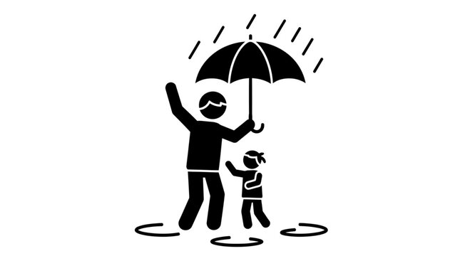 Father protecting child with umbrella from rain icon.