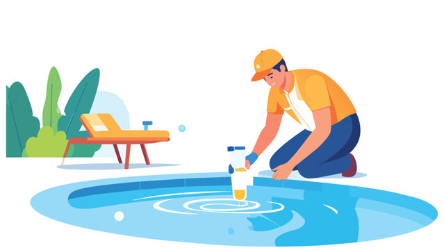 Male pool cleaner in uniform and cap testing water quality and cleaning a swimming pool with tools. Flat design vector illustration.