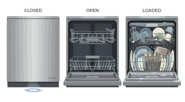 Illustration of a miele dishwasher in closed, open, and loaded states