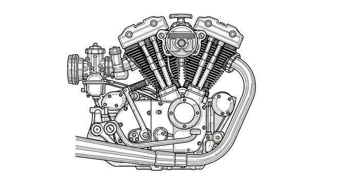 Detailed Realistic Illustration of V-Twin Motorcycle Engine with Visible Gears on Isolated White Background
