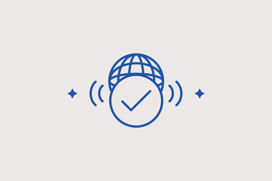 Global verification line icon for international standards compliance and worldwide security checks. Essential vector illustration for global trade platforms and digital certificate services.